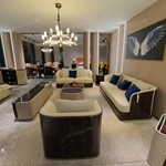 Beige Leather Sofa Set with Dark Natural Wood Veneer & Gold Stainless Steel Trim